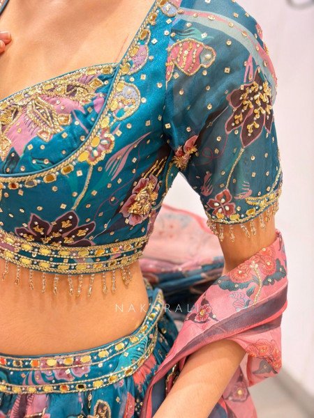 Cerulean Teal Blue Georgette Floral Printed Lehenga Set with Cutdana, Sequin & Bead Work