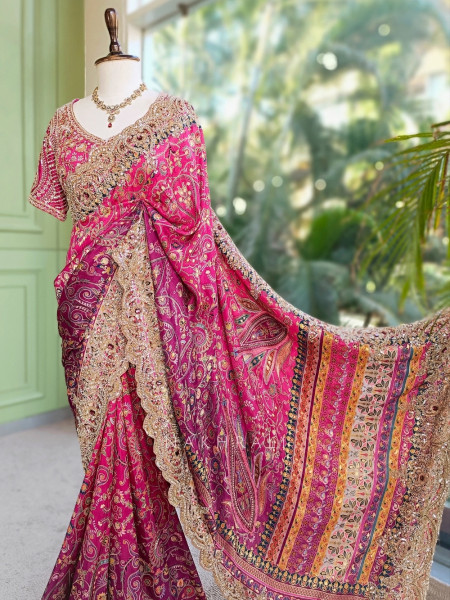 Sitara-e-Dusk Magenta Apple-Cut Black Blouse Saree Set
