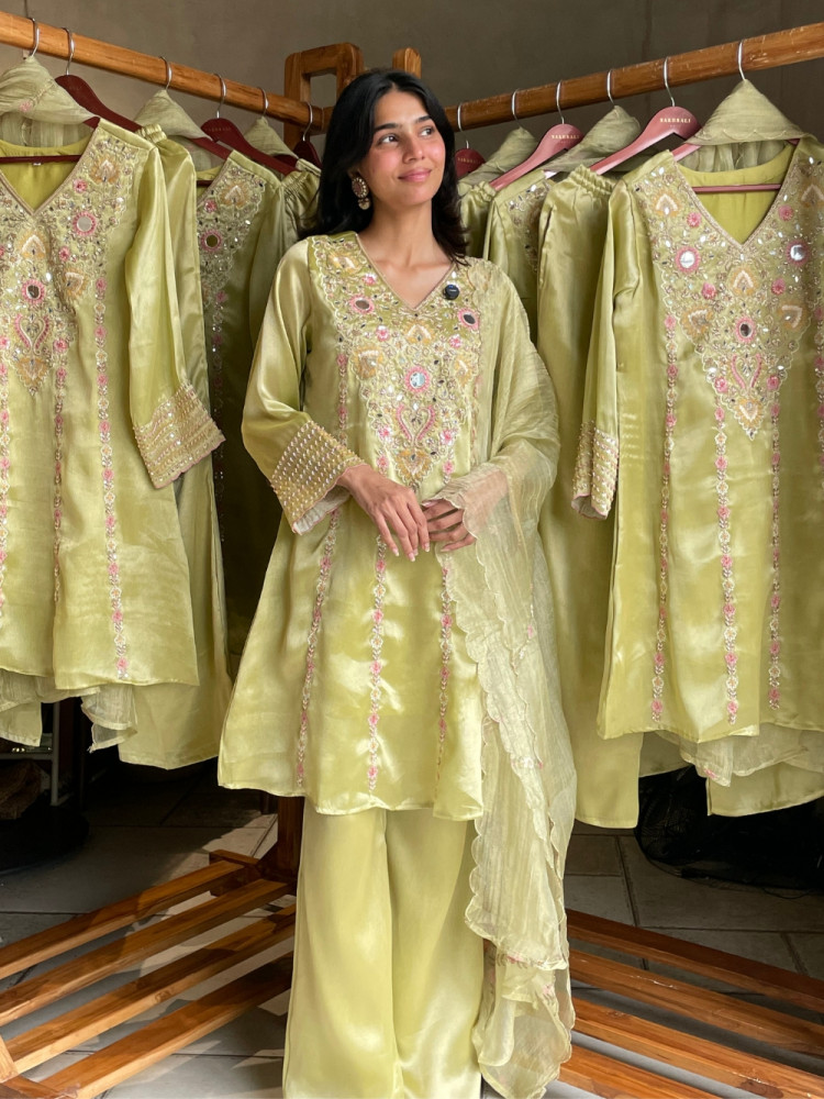 Image of Nishaara Green Tissue Silk Straight Suit Set