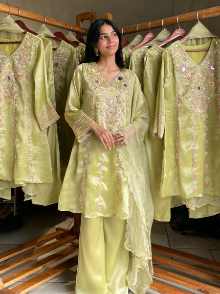 Nishaara Green Tissue Silk Straight Suit Set