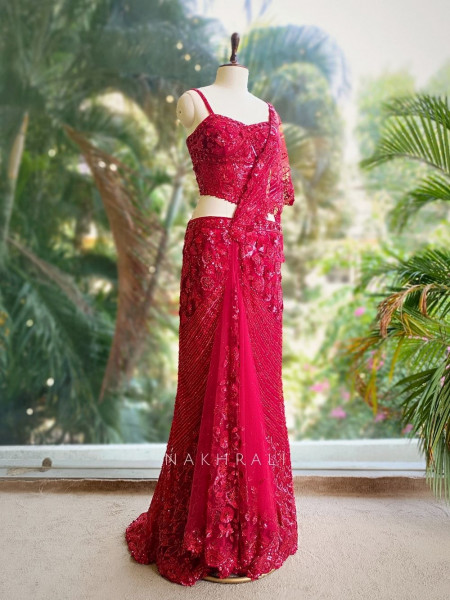 Aarvah Red Pre-Draped Saree with Sequin, Cut Dana & Bead Work
