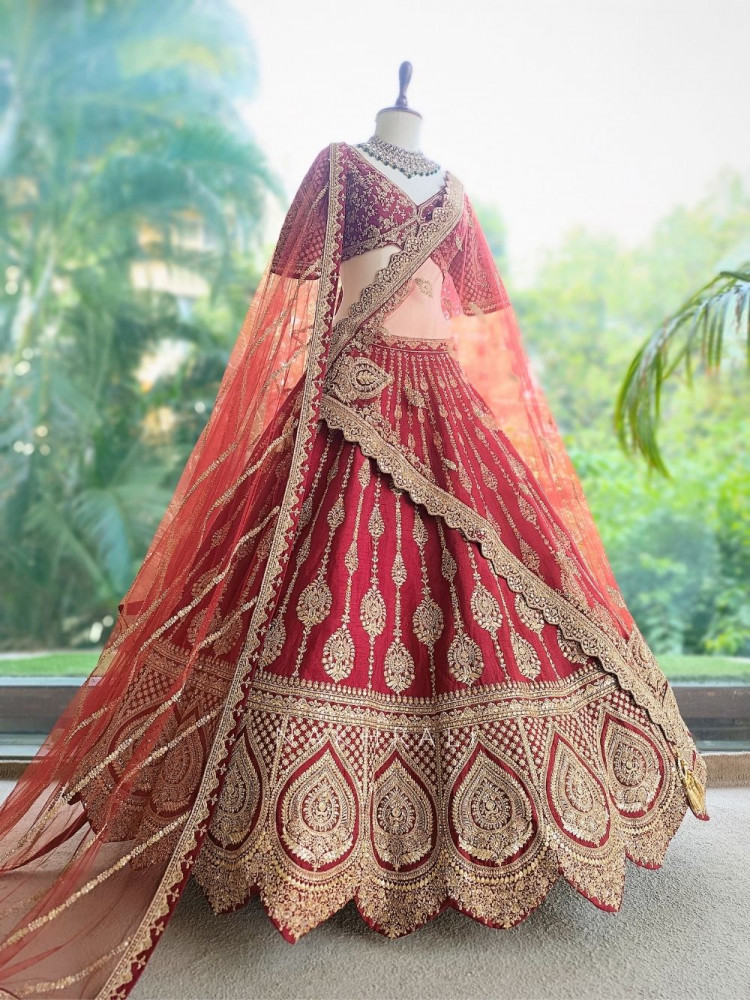Image of Shahi Dori Maroon aw Silk &amp; Sheer Net Bridal Lehenga