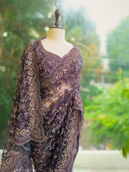 Amethyst Net Saree with Zari and Sequin Embroidery