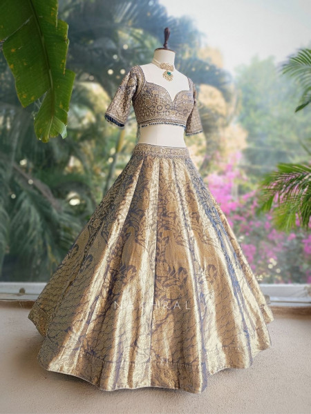 Aavika Blue Brocade Lehenga Set with Sequin Embroidery