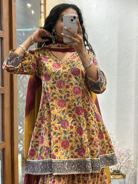 Gul-Mishri Yellow Premium Cotton Sharara Suit