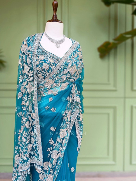 Leher-e-Ishq Blue Net Saree With Floral Hand Embroidery