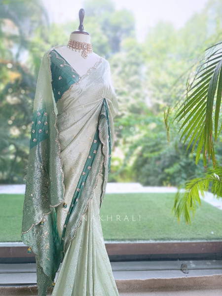 Haritprabha Sage Green Georgette Katan Silk Saree with Running Blouse
