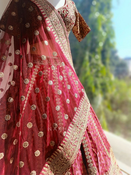 Rivaya Maroon Bridal Lehenga with Zari Sequin and Gota Work