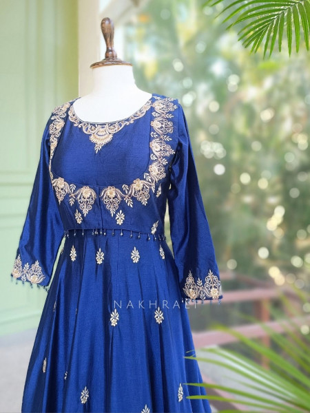 Nevria Blue Anarkali Set with Embroidered Crop Jacket & Stone Work