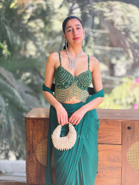 Zarreen Emerald Drape Saree Set with Handworked Blouse