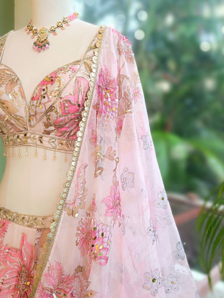 Petalique Pastel Pink Organza Silk Lehenga Set
