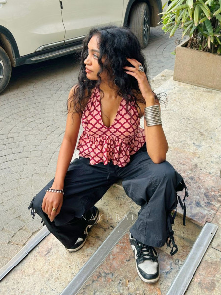 Roselle Frill Peach Printed Crop Top