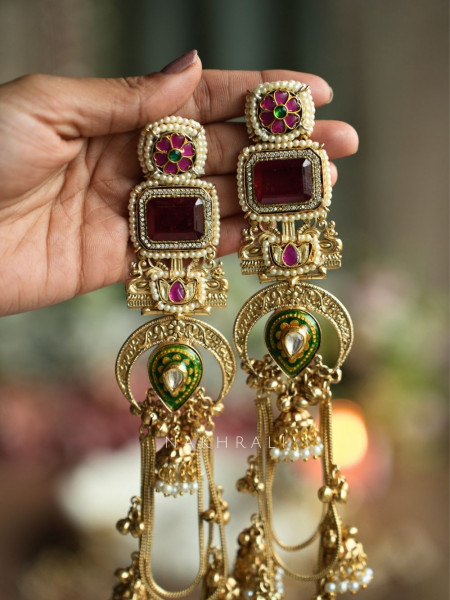 Alora Red Stone Long Kashmiri Earring