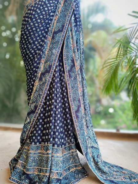 Iraani Blue Saree with Readymade Blouse
