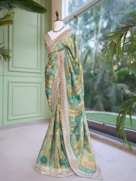 Resham Kyari Green Crepe Silk Printed Saree