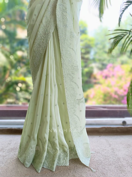 Oshni Light Green Saree with Readymade Halter Blouse