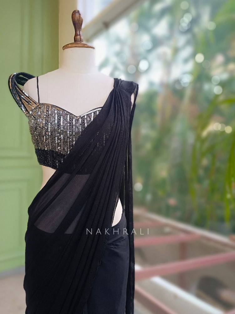 Image of Nebula Black  Pre-Draped Saree with Corset Blouse