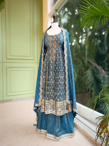 Aabroo Teal Blue Suit Set with Zari And Sequin Work