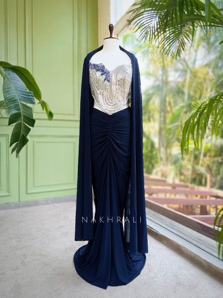 Blue Indo Western Skirt Set with Mirror and Bead Work