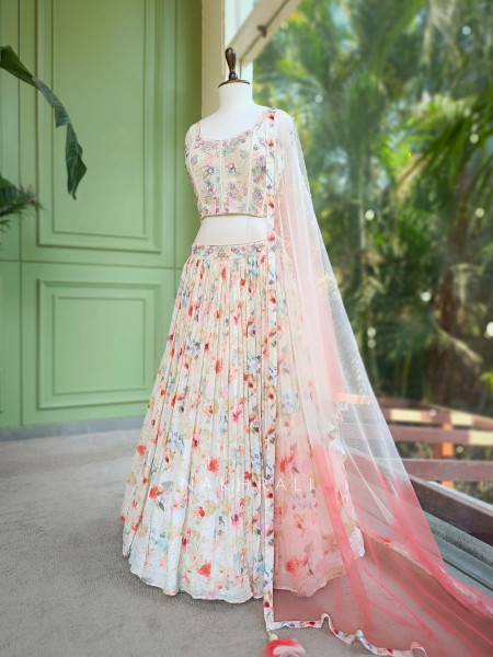 Aarvi Cream Floral Printed Lehenga with Sequin Corset Blouse