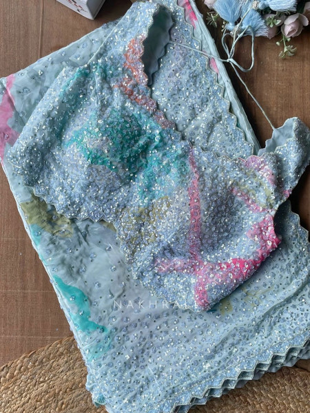 Pastel Prism Sky Blue Saree With Abstract Sequin Scallop Work