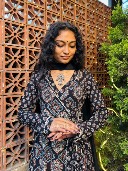 Black Cotton Ajrakh Print Angrakha Anarkali Suit Set