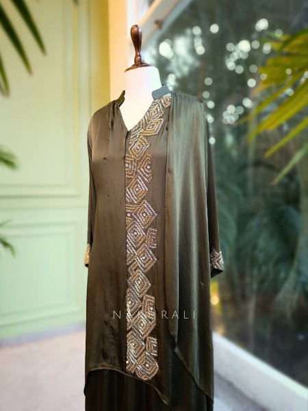 Olive Aura Indo-Western Set with Cut Dana & Beads Work