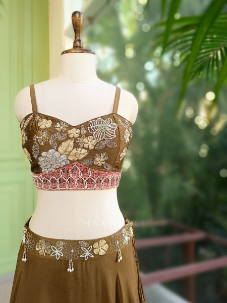 Gulvani Brown Indo-Western Lehenga Set with Zari, Sequin and Bead Work