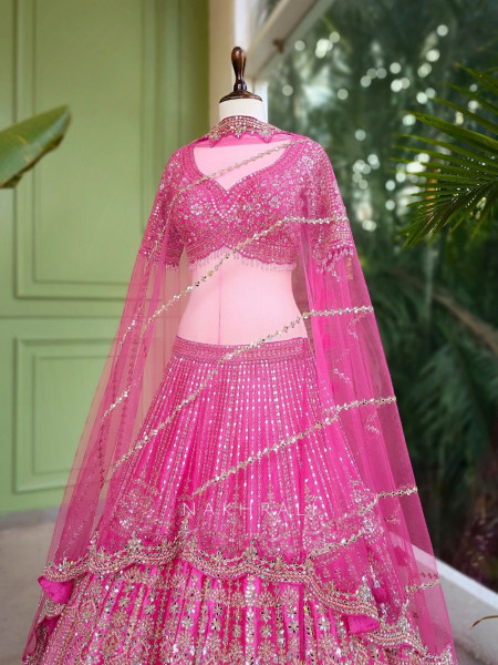Aarvi Pink Raw Silk Lehenga with Beads, Sequins and Mirror Work