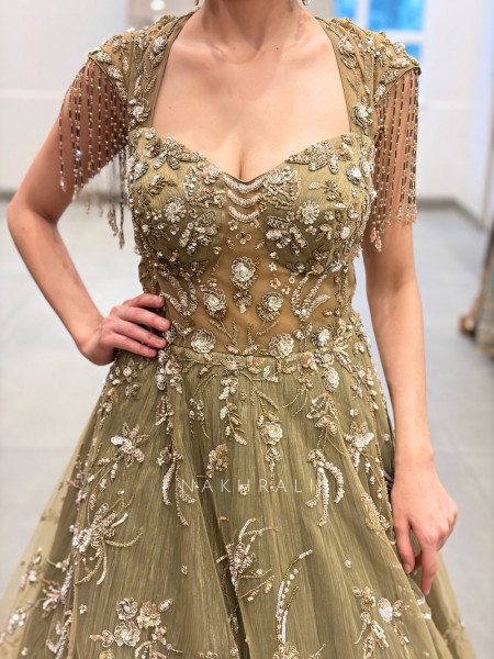 Chandelier Crystal Green Shoulder Drops Gown