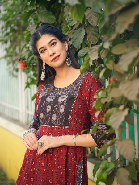 Noori Red Cotton Flared Kurta Pant Set