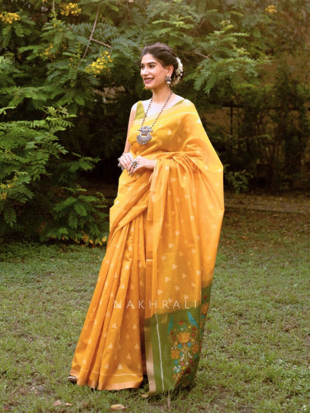 Mayur Mehendi Green Chanderi Saree with Floral Ikat Print