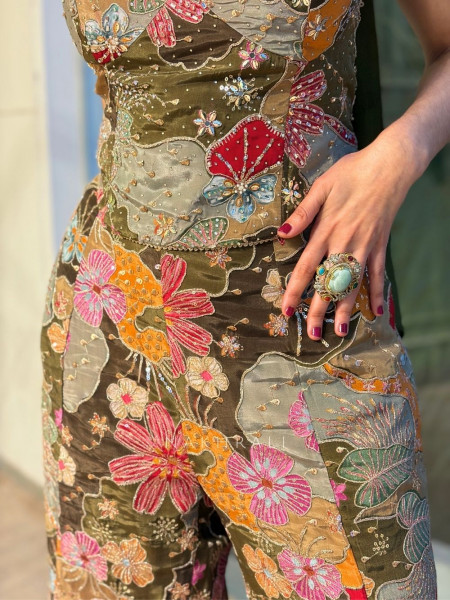 Tivra Olive Palazzo Set with Corset Top and Zari Sequin Work