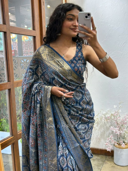Indivelle Blue Dola Silk Ajrakh Printed Saree