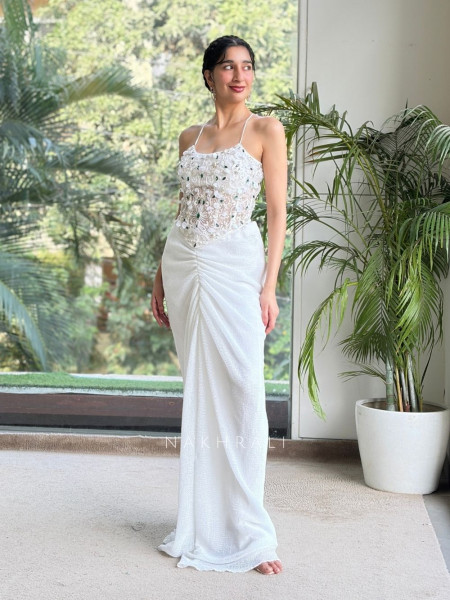 Sitara Veil WhiteMicro-Shimmer Georgette Crop Top Skirt Set