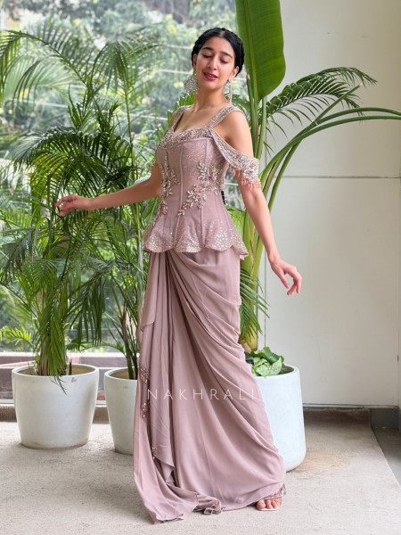 Corvessa Beige Indo-Western Drape Gown with Bead Sequin Work
