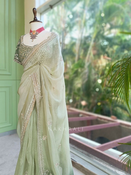 Oshini Pista Green Saree with Readymade Blouse