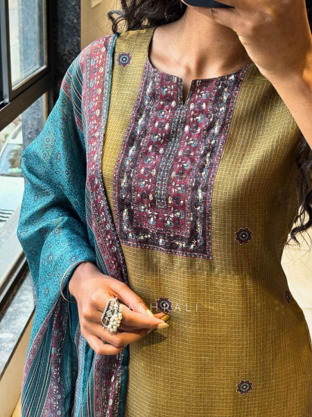 Surahi Mehendi Green Kota Doria Suit Set with Printed Yoke