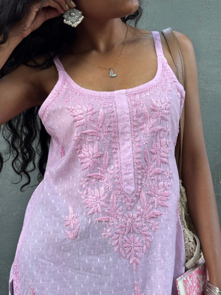 Sunbreeze Pink Cotton Chikankari Sleeveless Kurti with Embroidery