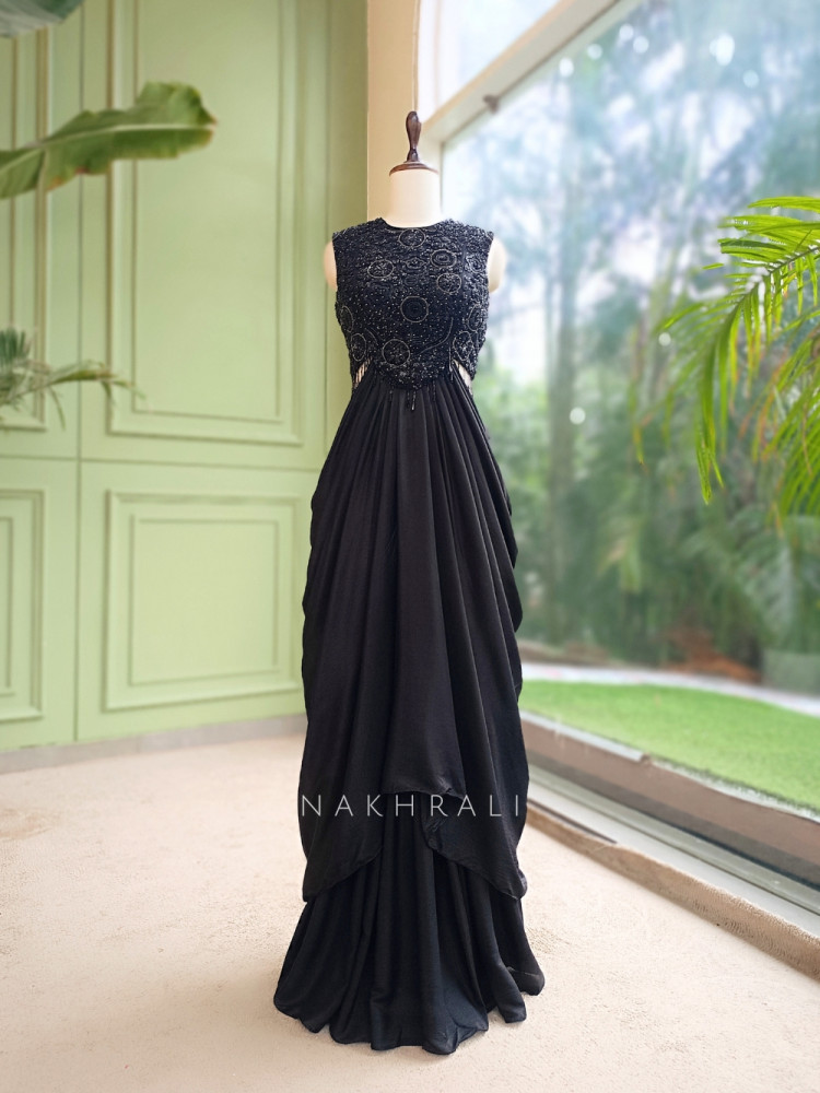 Image of Noirielle Black Indo-Western Crop Top &amp; Skirt Set