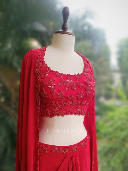 Myra Red Crop Top Skirt with Cape