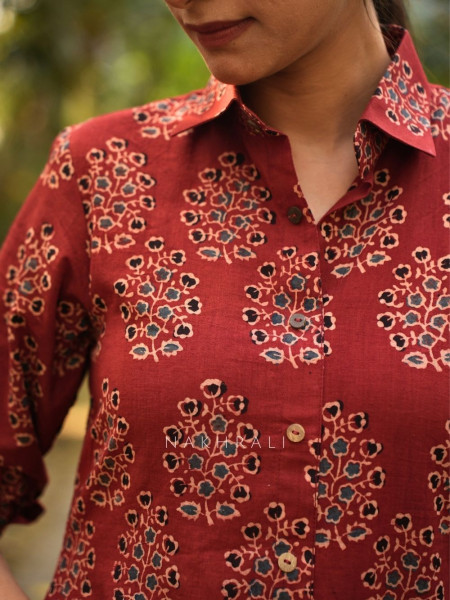 Rihana Red Cotton Block Printed Button-Down Dress