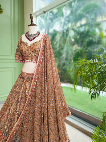 Burnt Orange Silk Lehenga Set With Marodi, Gota Patti & Mirror Work