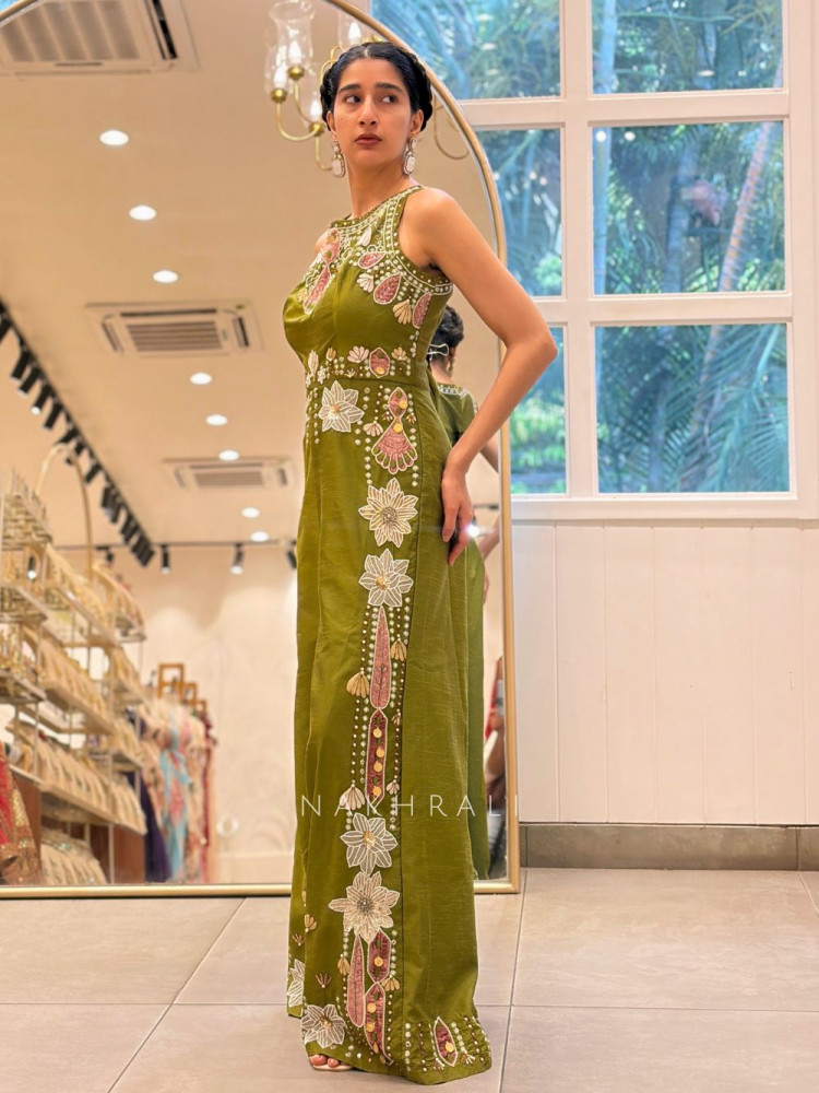 Image of Kultru Knot Green Indo Western Jumpsuit with Thread Embroidery