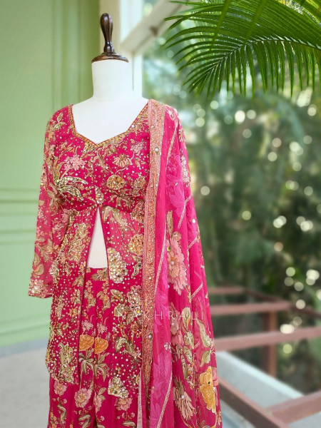 Sumreen Georgette Kurta Palazzo Set With Floral Print with Sequin & Mirror Work