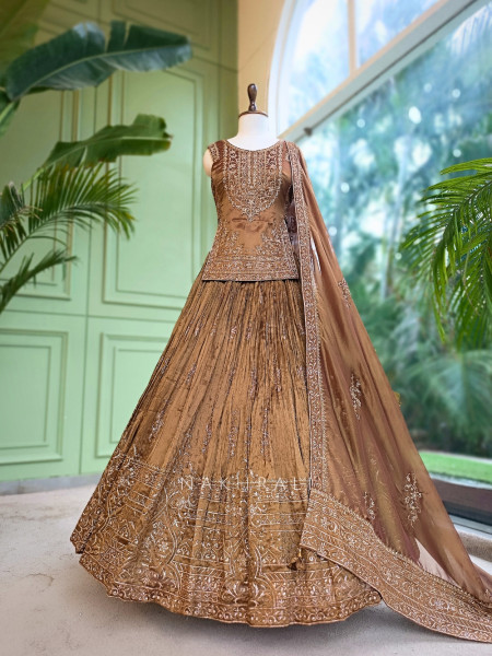 Sultana Shimmer Brown Tissue Silk & Organza Peplum Lehenga Set