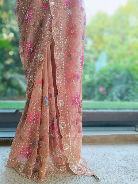 Noor-e-Afsanah Peach Organza Saree with Royal Elephant Motifs