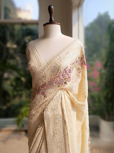 Ecru Grace Cream Embroidered Elegance Saree with Sequin Detailing