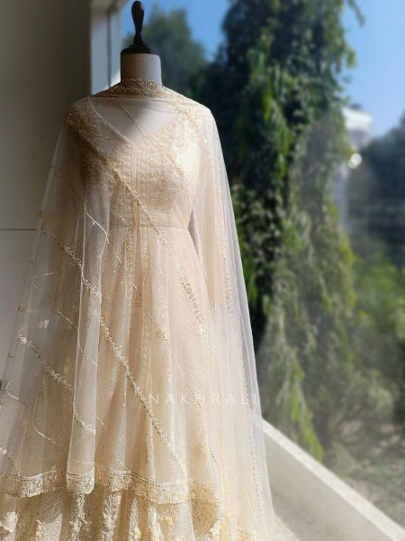 Elvya Cream Embroidered Achkan Lehenga Set