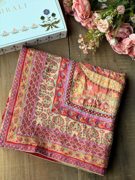 Paisley Printed Red Saree with Stone Embellished Readymade Blouse